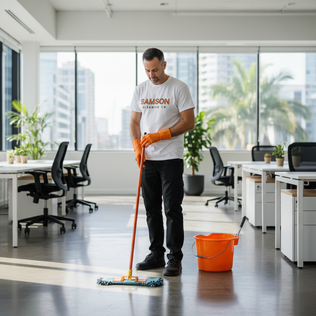 Professional cleaner with orange accessories mopping office